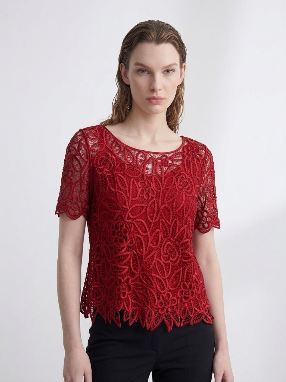 Lace Floral Crochet Short Sleeve Top in Red 💯 Silk